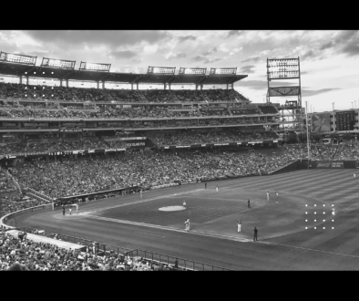 Empty baseball field full of fans.